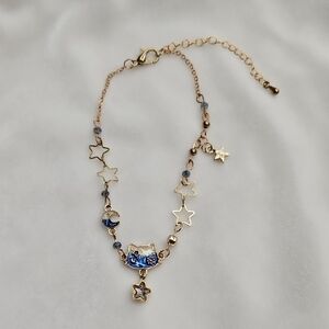 Women's Cat Stars Charm Bracelet Anklet Gold Tone Blue Cat Face NWOT Blue Gold